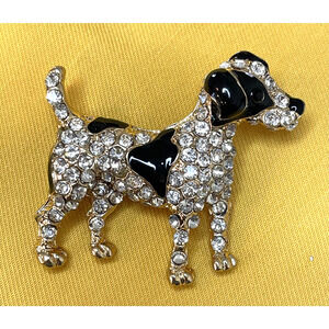 NWOT Dog Puppy Brooch Pin Gold Toned Clear Rhinestone Black Enamel Lapel Pin